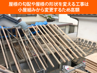 屋根の勾配や屋根の形状を変える工事は小屋組みから変更するため高額