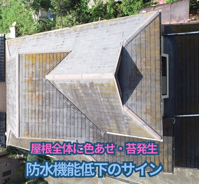 多治見市大藪町にて屋根全体の色あせ・苔発生による防水低下と雨漏りリスク！ドローン現地調査！