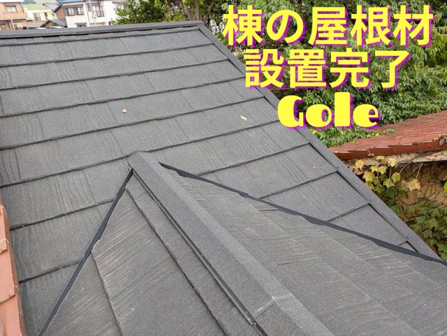 屋根の棟部分にTルーフ専用部材を設置して完成した状態。