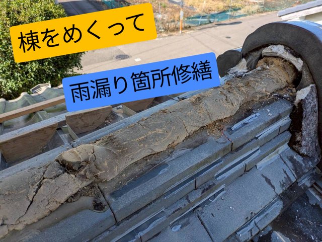 解体後の棟内部。古い葺き土が割れて劣化している様子。