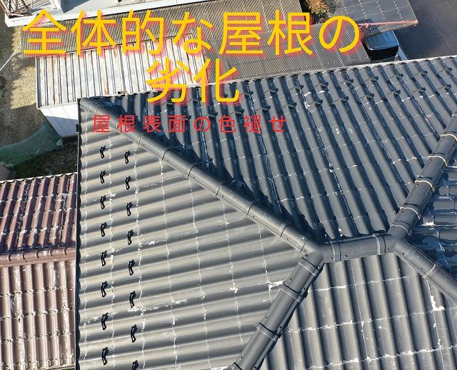 屋根全体の色褪せや表面劣化を示す写真