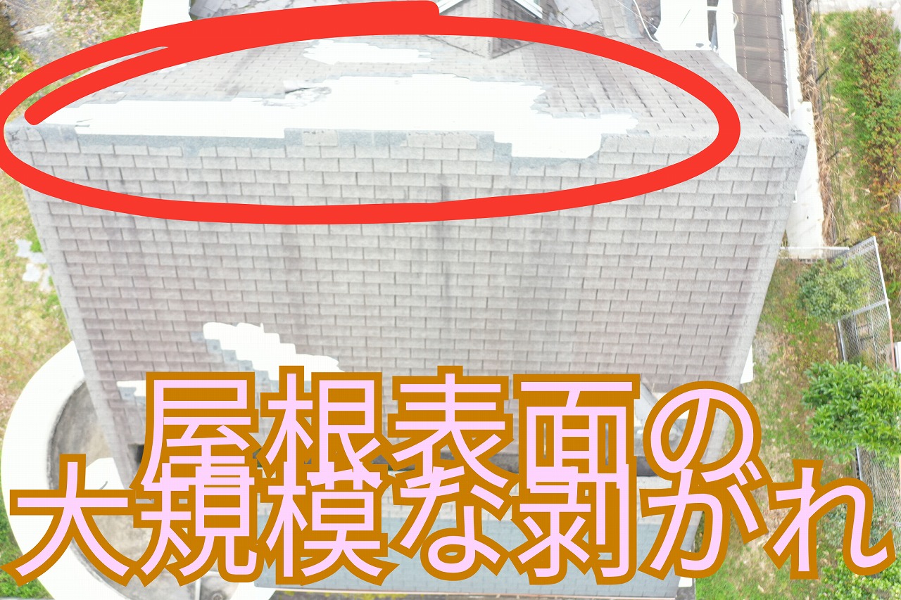 屋根材の表面が大きく剥がれ白く下地が見えている状態