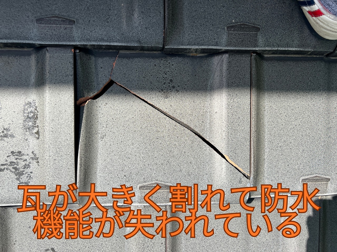瓦の重なり部分が浮き、雨水が入りやすい箇所を示している