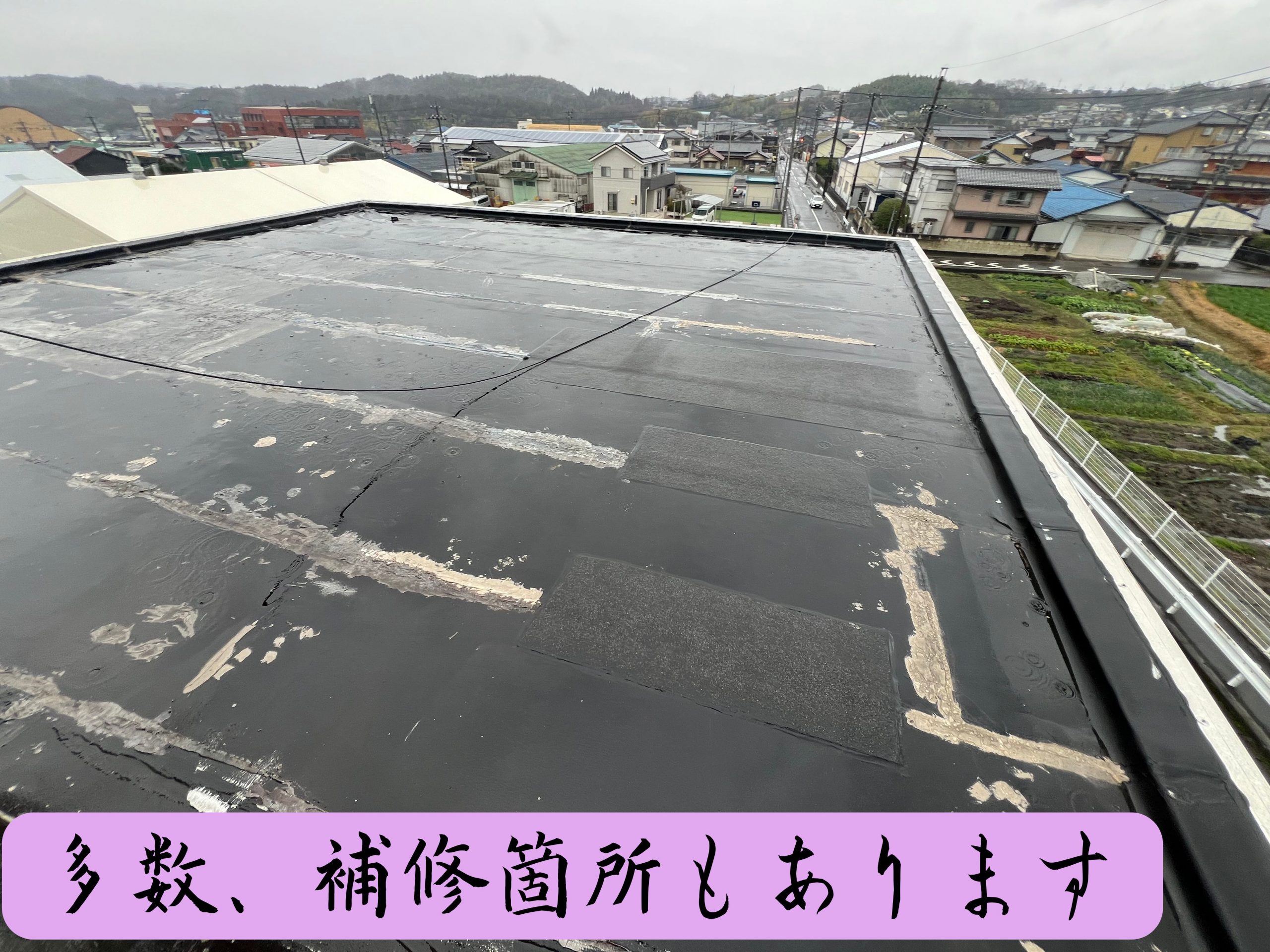 可児市　屋上防水　現地調査、既存の防水層が継ぎ接ぎになり補習箇所が多数