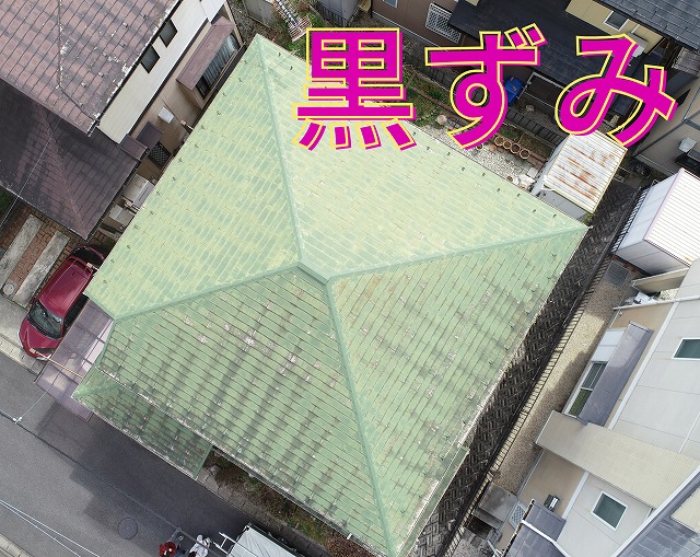 屋根に広がる黒ずみ（カビやコケ）の様子を映した写真