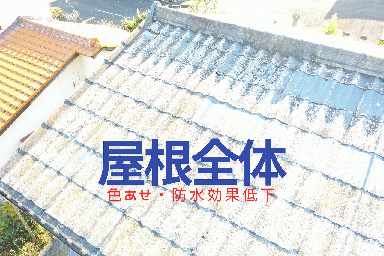 屋根全体のセメント瓦が色あせ、防水効果が落ちている様子