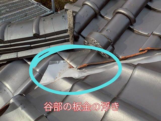 谷部の板金が浮き上がっている様子。瓦の下から板金が見え、雨水の通り道が不安定になっている。