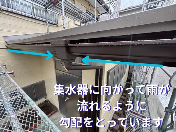 集水器に向かって雨水が流れるように勾配をとっています（春日井市）