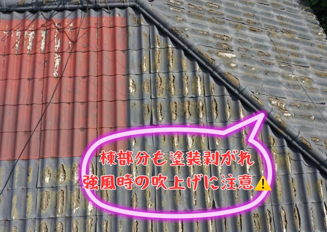 棟部と赤い板金部の劣化を示す近景。素地露出と境界部の剝がれが見られる。