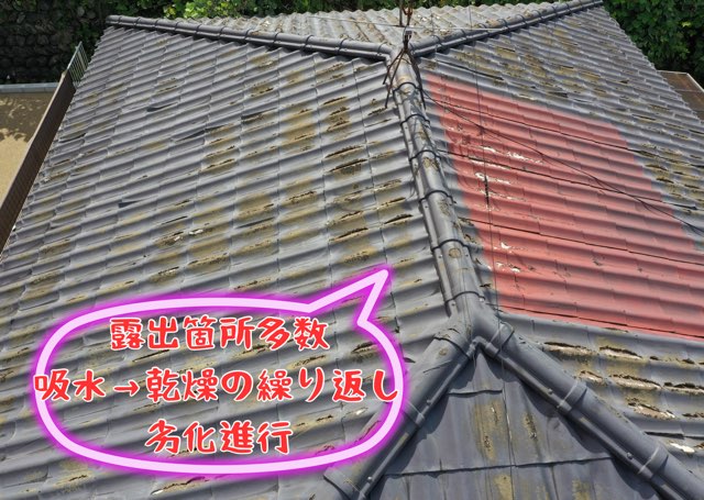 三叉棟部の劣化を示す斜め写真。素地露出と面戸のやせが確認できる。