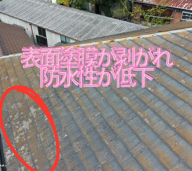 スレート屋根表面の塗膜が剥がれ、防水性が低下している箇所のアップ。
