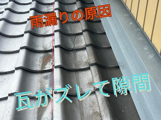 平部の瓦がズレて隙間ができ、雨水が侵入する原因になっている様子
