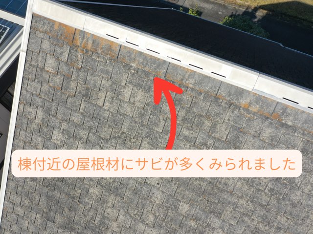 棟板金付近に錆が多数発生している状態。