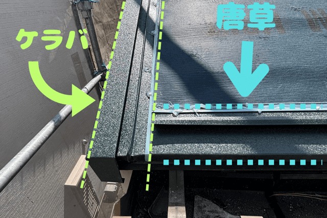 美濃加茂　劣化したパミール屋根をカバー工法　粘着ルーフィングを貼り付け約物を取り付けます。改修用唐草とケラバ水切りの取り付け