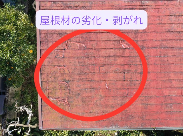 屋根材の大きな劣化と剥がれが広がる部分の真上写真。
