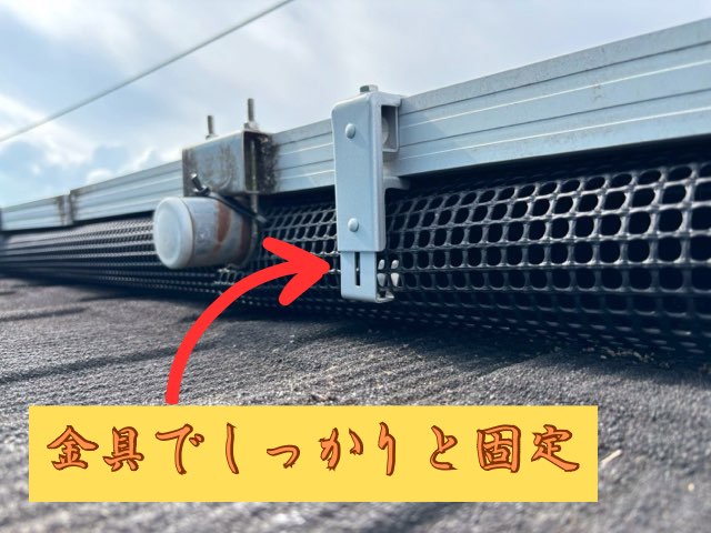 固定金具でしっかり押さえられた鳥よけネットのクローズアップ