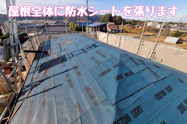 屋根全面に防水シートを張り上げ