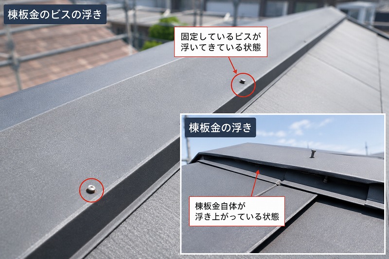 棟板金のビスが浮いている様子