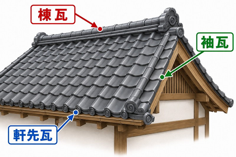 袖瓦と軒先瓦と棟瓦