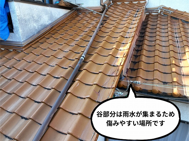 谷板金と周囲の瓦を撮影した写真