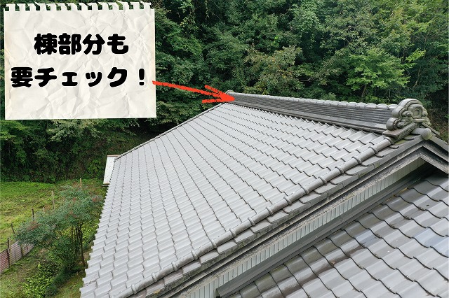 棟瓦のズレや経年劣化が確認できる屋根の状態