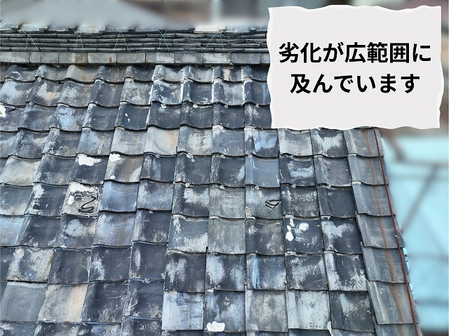 屋根全体に劣化が広がっていることが分かる別角度からの瓦屋根写真