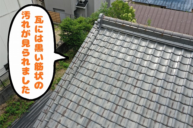 屋根全体に黒い筋状の汚れが見られる瓦屋根