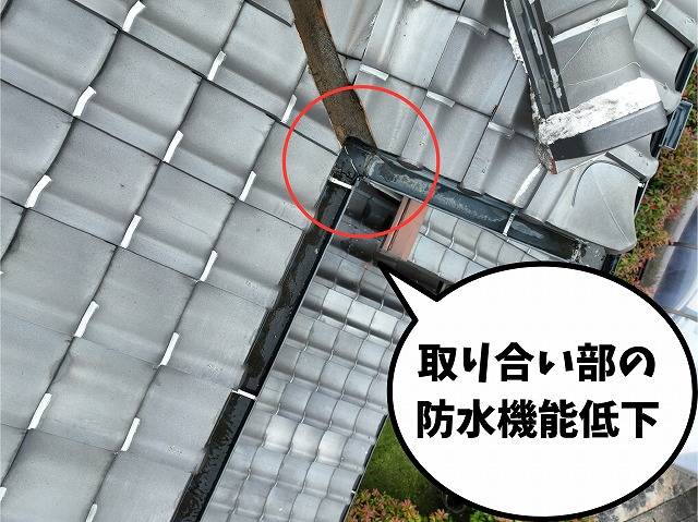 取り合い部分に水が溜まり防水機能が低下している状態