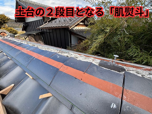 可児市御嵩町にて門の葺き替え工事 肌熨斗施工の様子