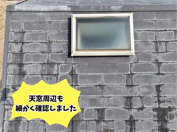 美濃加茂市にて天窓周辺の屋根材や防水状態を点検している様子