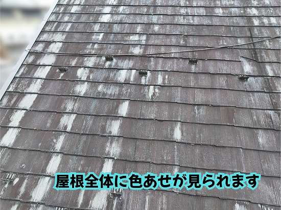 美濃加茂市のスレート屋根全体に見られる色あせと黒ずみ