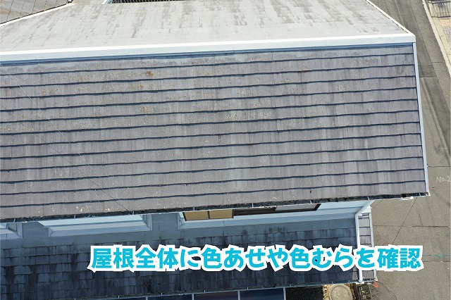 美濃加茂市のスレート屋根に見られる色あせや色むら、オレンジ色の付着物