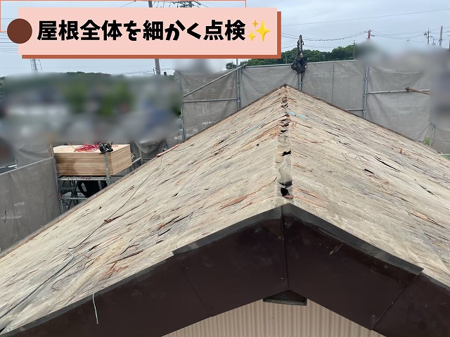 瓦撤去後の屋根全体を点検し下地の劣化状況を確認