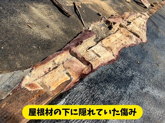 春日井市高座台の住宅で屋根材撤去後に見られた下地の傷み