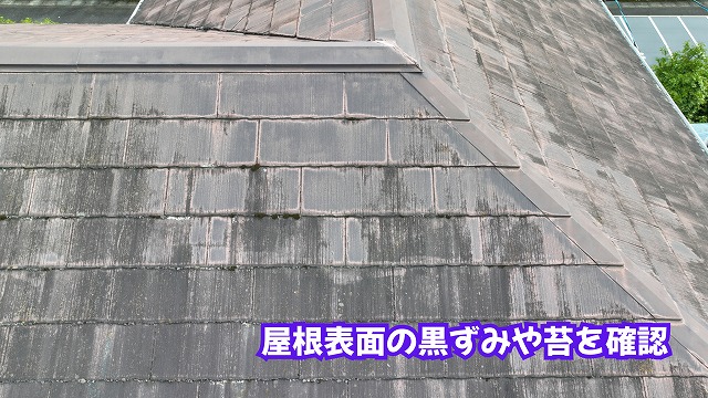 美濃加茂市のスレート屋根表面に見られる黒ずみや苔