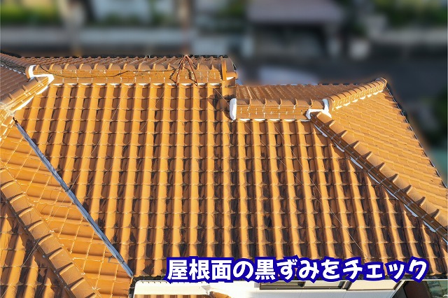 美濃加茂市の瓦屋根全体と瓦表面の黒ずみの様子