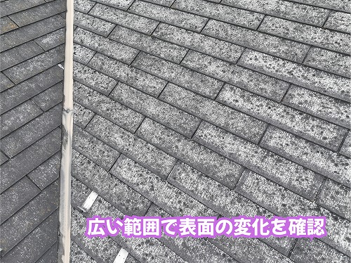 美濃加茂市のスレート屋根表面に見られる白っぽい変色や黒ずみ