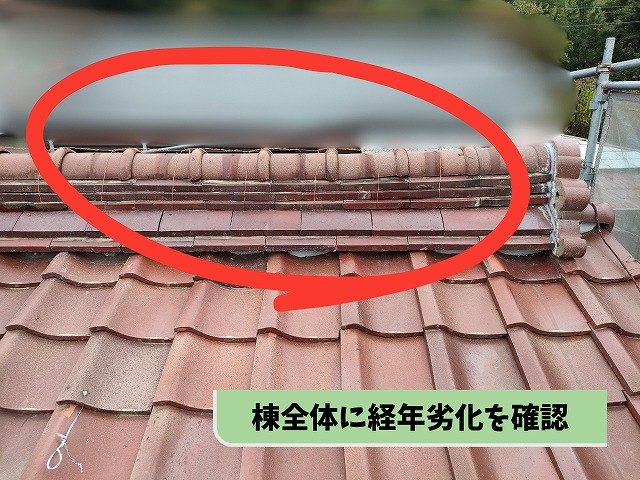 美濃加茂市にて棟全体の状態を確認。経年劣化が見られる状況