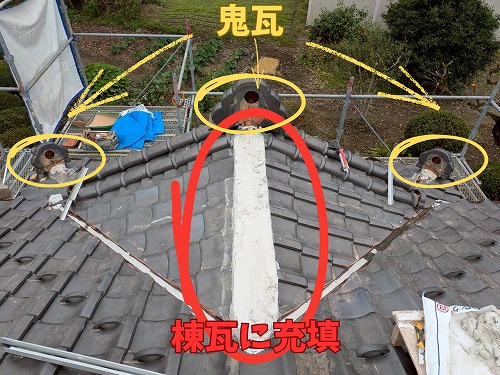 関市：棟瓦に漆喰を詰めています