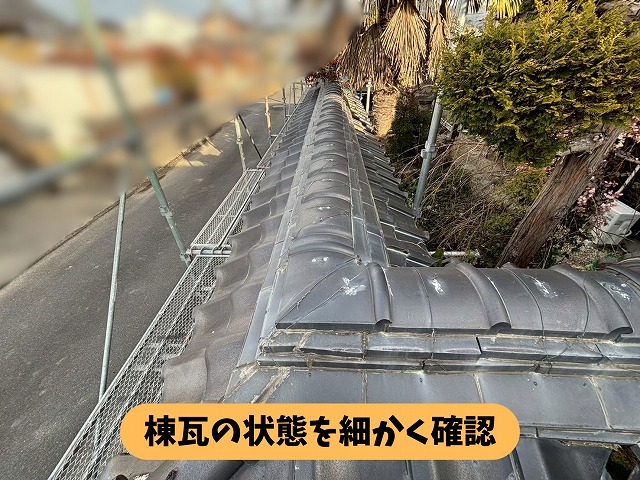 塀瓦の棟部分を確認している様子