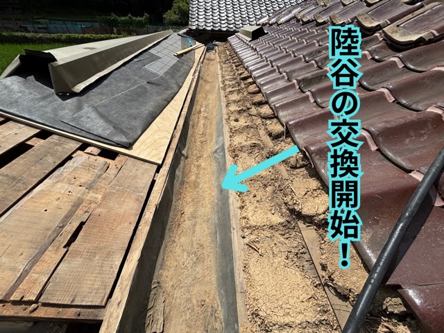 美濃加茂市にて既存の陸谷と雨漏りが発生していた箇所を確認している様子