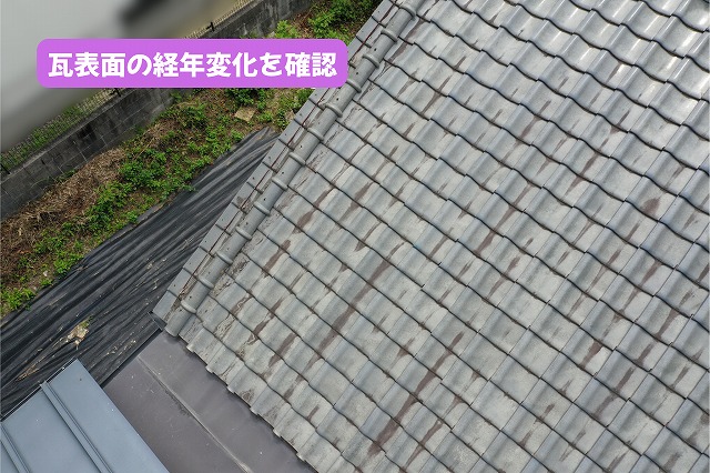 美濃加茂市の瓦屋根表面に見られる経年変化を確認