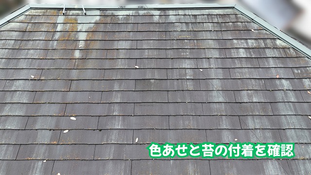 美濃加茂市のスレート屋根に見られる色あせと苔の付着