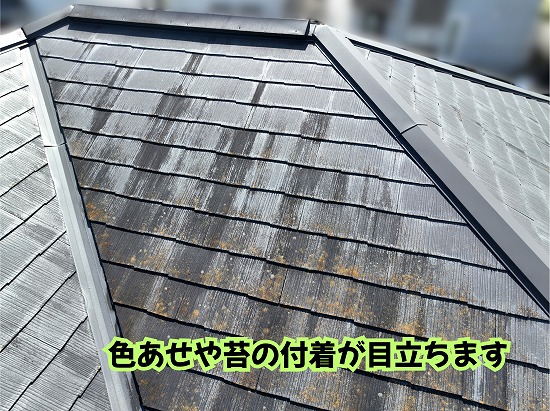 美濃加茂市のスレート屋根に広がる色あせや苔の付着の様子