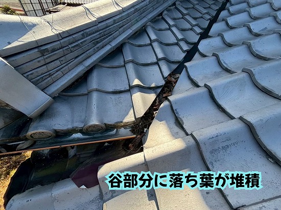美濃加茂市の瓦屋根の谷部分に落ち葉やゴミが溜まっている様子