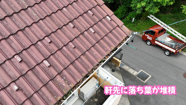 美濃加茂市の瓦屋根全体と軒樋に落ち葉や植物がたまっている状態