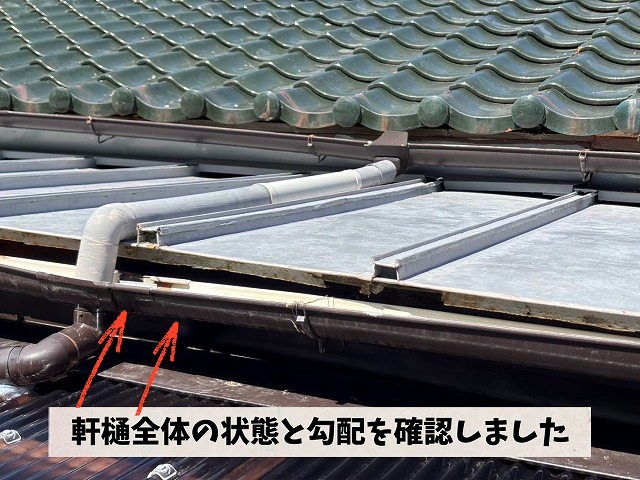 屋根下に設置された軒樋全体の状態を点検している様子