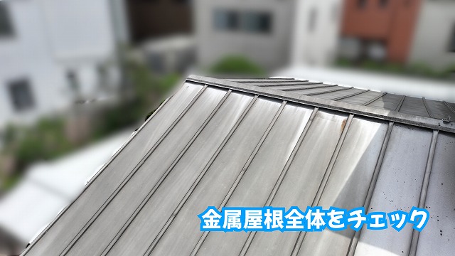 美濃加茂市の住宅にある金属屋根全体の状態を確認した様子
