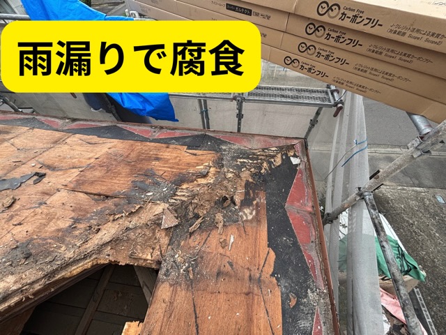 カラーベスト撤去後、腐食した下地を確認している様子