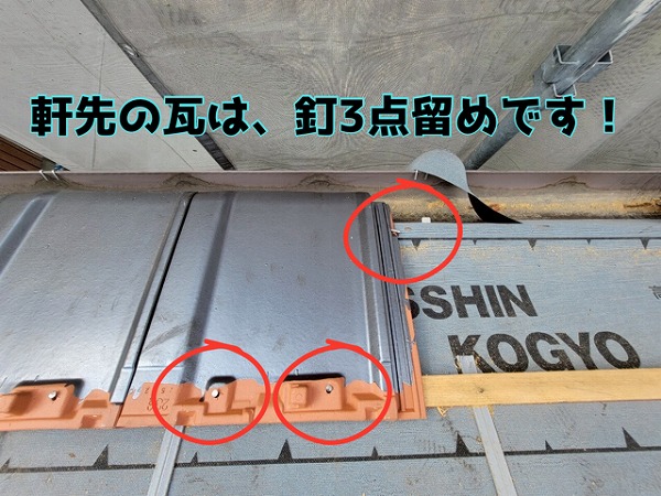 多治見市京町 平板瓦の葺き開始です！軒先部分は、瓦1枚に対し、ステンレス釘を3点留めします